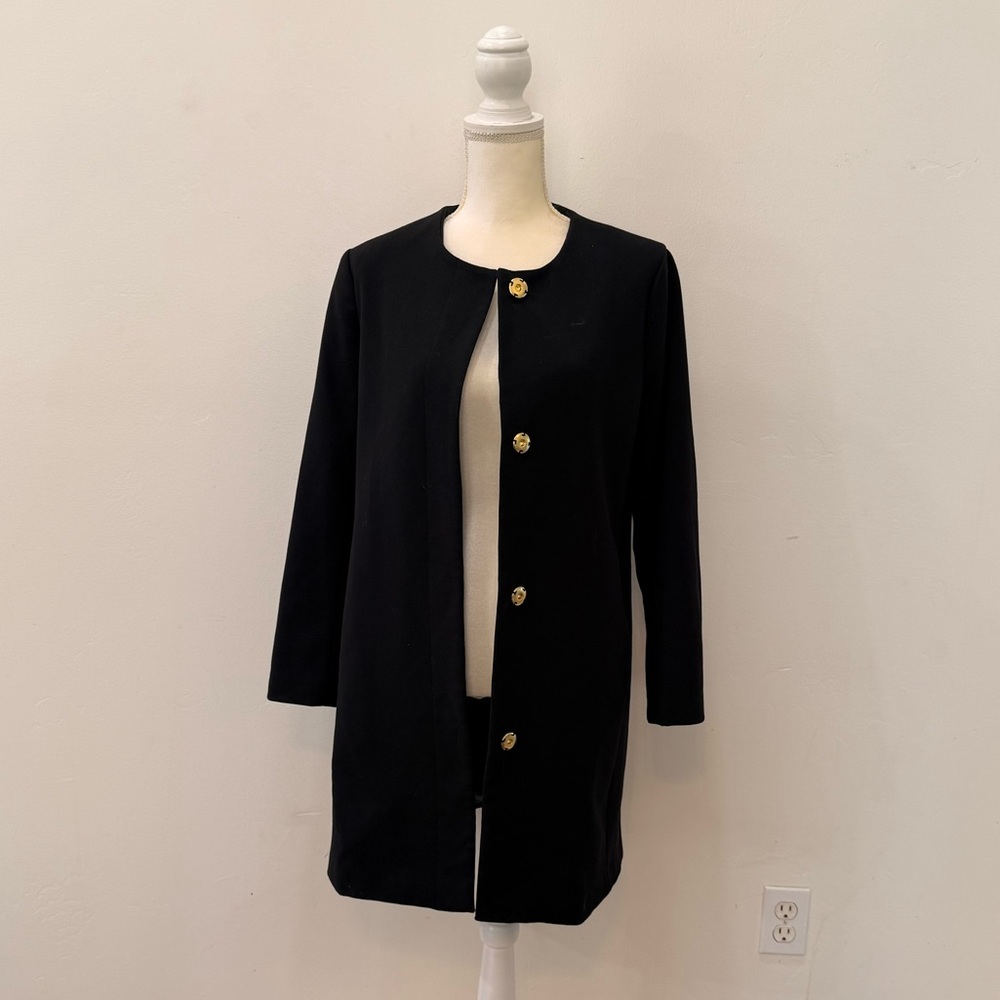 IMAN Black Longline Jacket Gold Button Coat Size Small